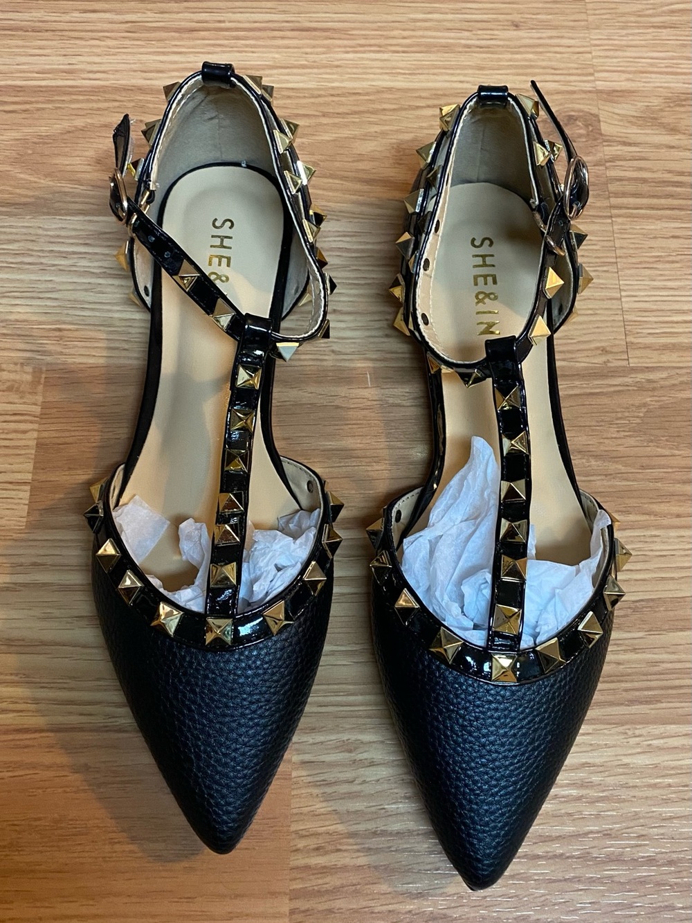 Brand New - SHEIN Black Pointed T-Strap Flats with Gold Studs